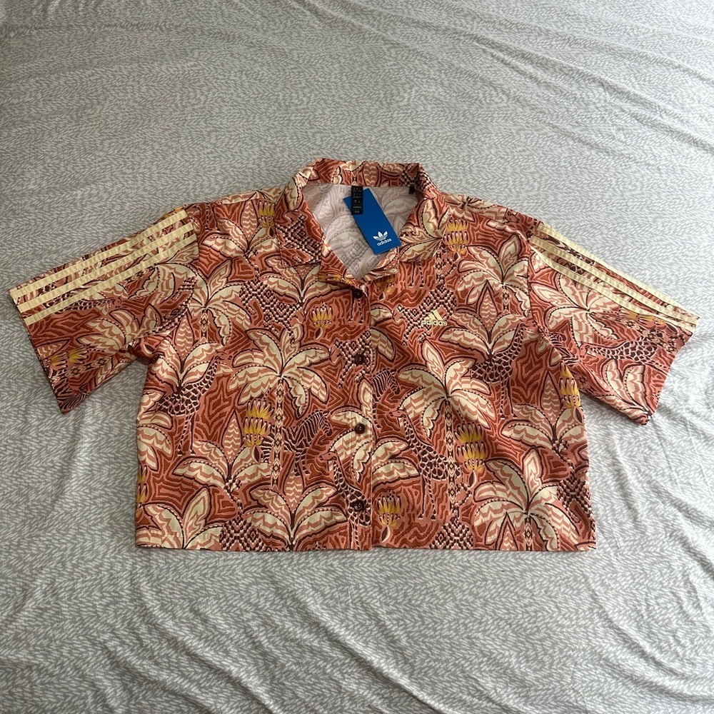 Adidas x FarmRio Orange Button Down Crop Shirt NEW - Picture 7 of 9